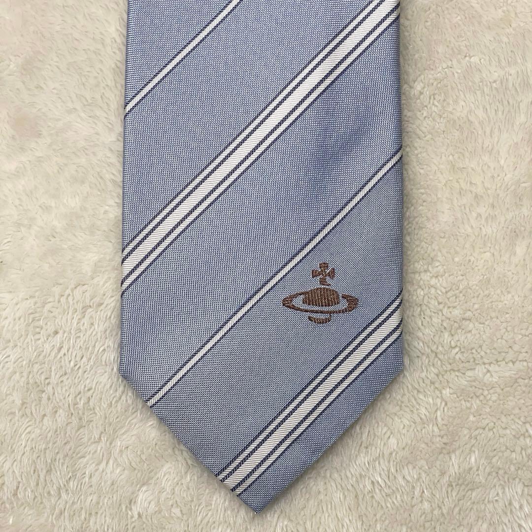 未使用タグ付　ヴィヴィアンウエストウッド　ネクタイ　青白　オーブ柄　ストライプ