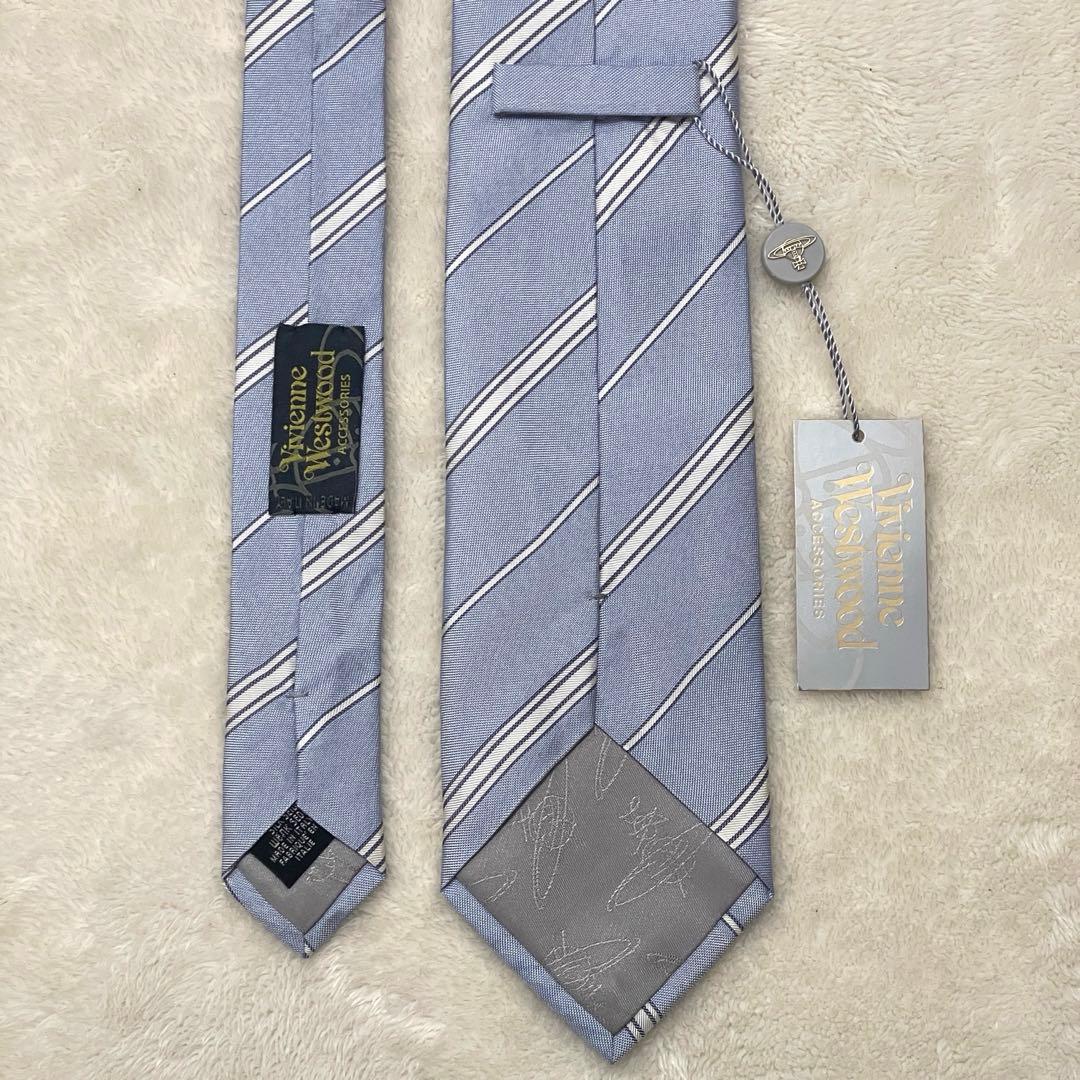 未使用タグ付　ヴィヴィアンウエストウッド　ネクタイ　青白　オーブ柄　ストライプ