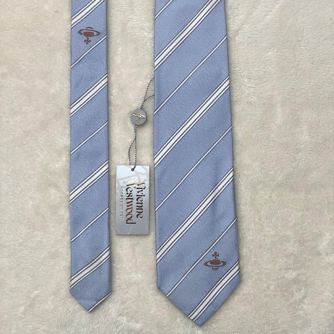 未使用タグ付　ヴィヴィアンウエストウッド　ネクタイ　青白　オーブ柄　ストライプ