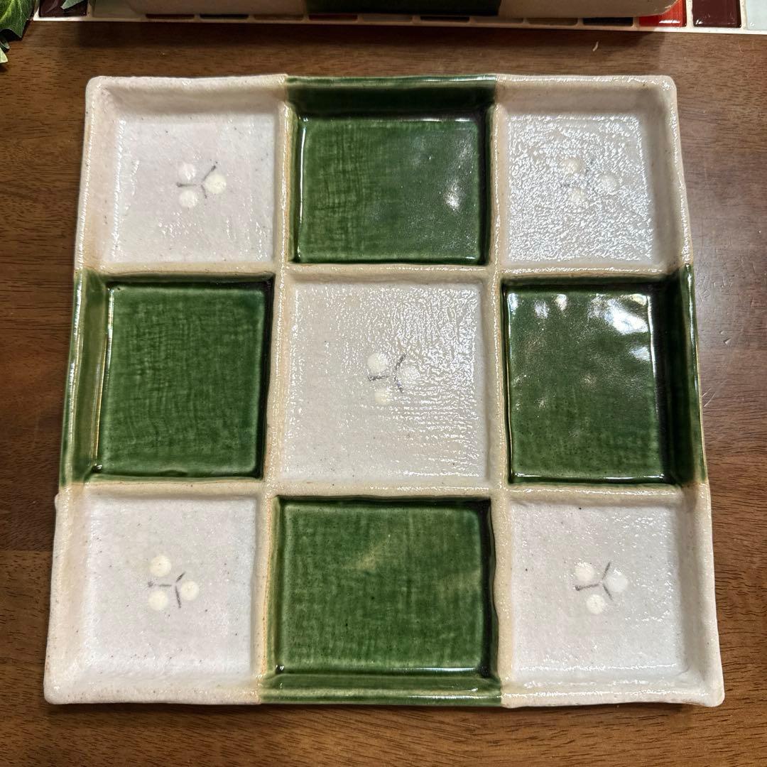 【窯蔵人】加藤唐三郎　織部焼　市松模様　仕切盛皿（5枚セット）