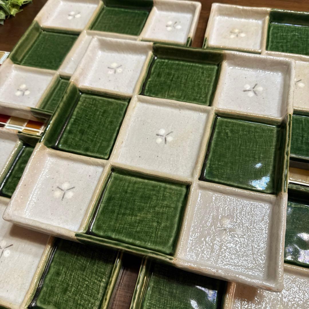 【窯蔵人】加藤唐三郎　織部焼　市松模様　仕切盛皿（5枚セット）