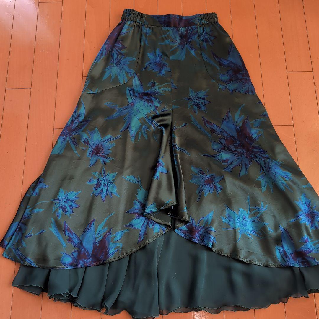 チャコット　社交ダンスロングスカート　花柄グリーン系