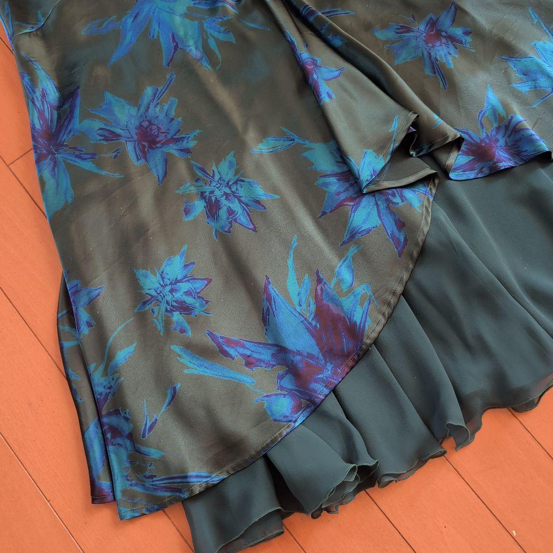 チャコット　社交ダンスロングスカート　花柄グリーン系