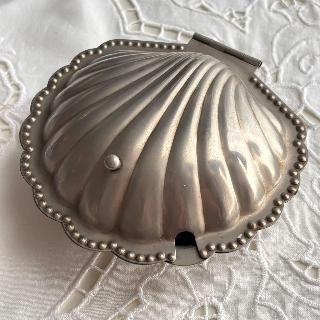 【フランス】シェル バターディッシュ ヴィンテージ ガラスプレート付き メタル