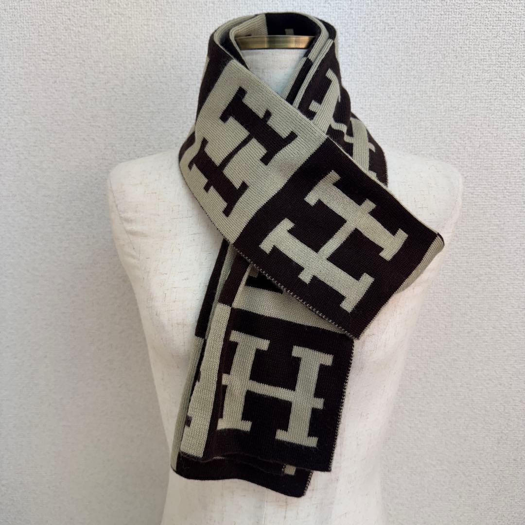 HERMES エルメス　マフラー　Hロゴ　ブラウン　ベージュ　ウール100%