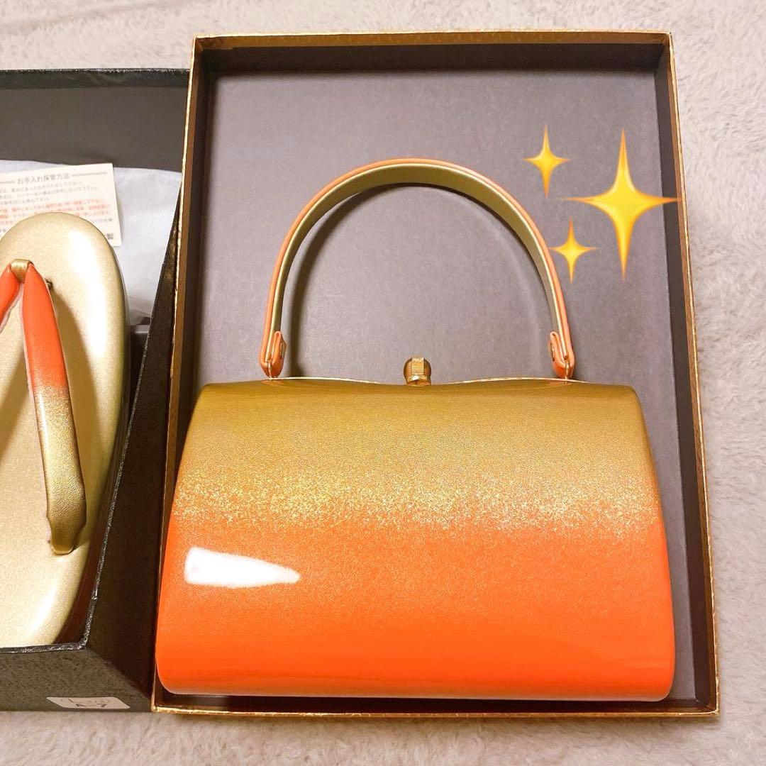草履　バック　2点まとめてセット　ゴールド　オレンジ　箱付き　艶　光沢　着物