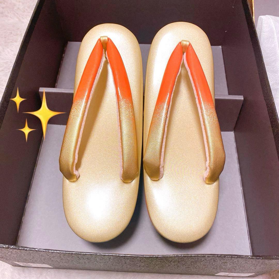 草履　バック　2点まとめてセット　ゴールド　オレンジ　箱付き　艶　光沢　着物