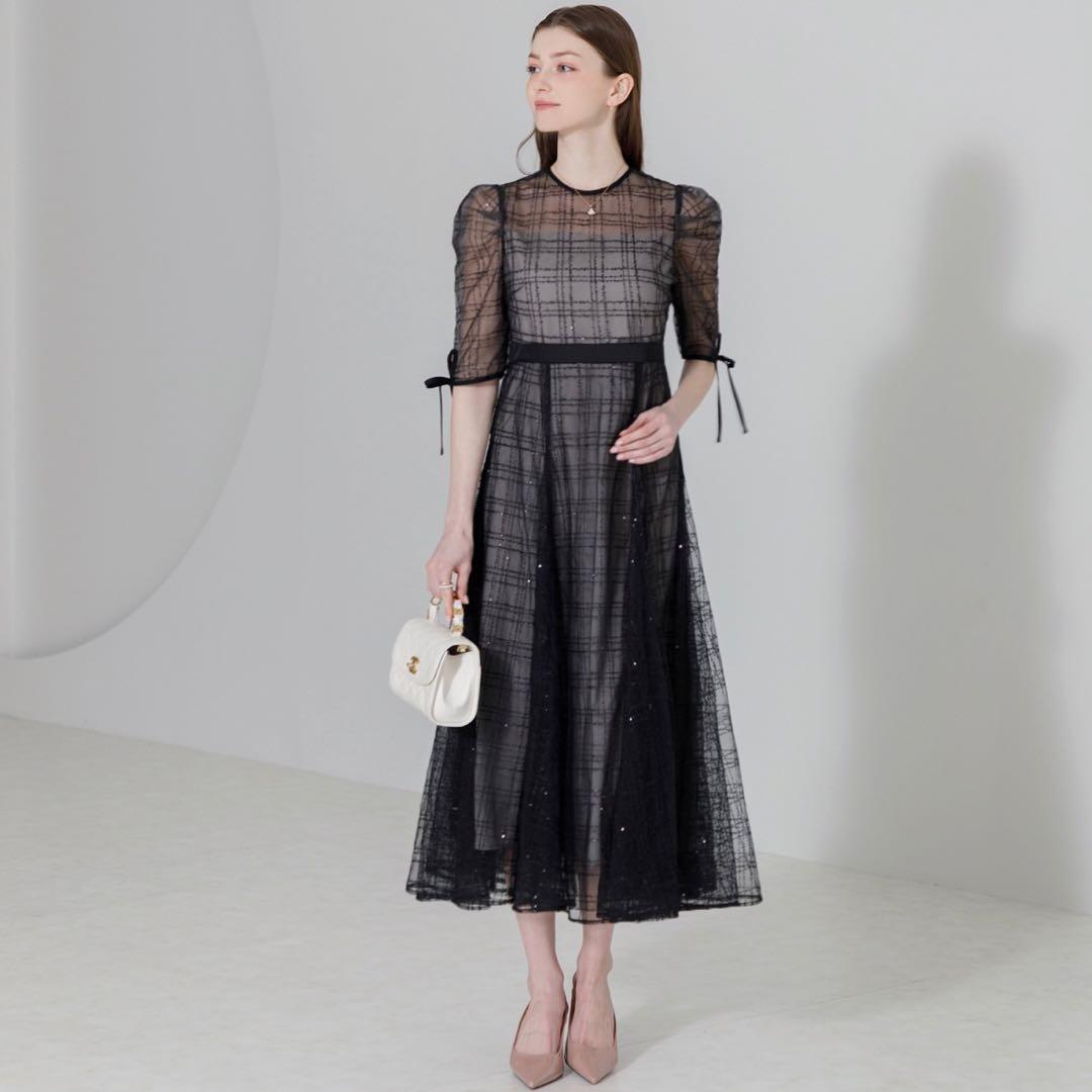 Leja チェックスパンコールリボンワンピース s オケージョン ドレス