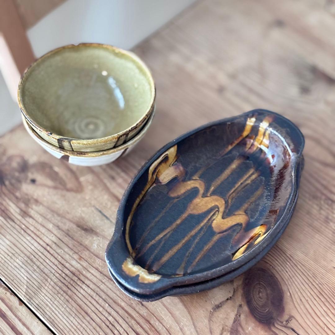 やまぽた 飯碗2個&小代焼ふもと窯 グラタン皿2個