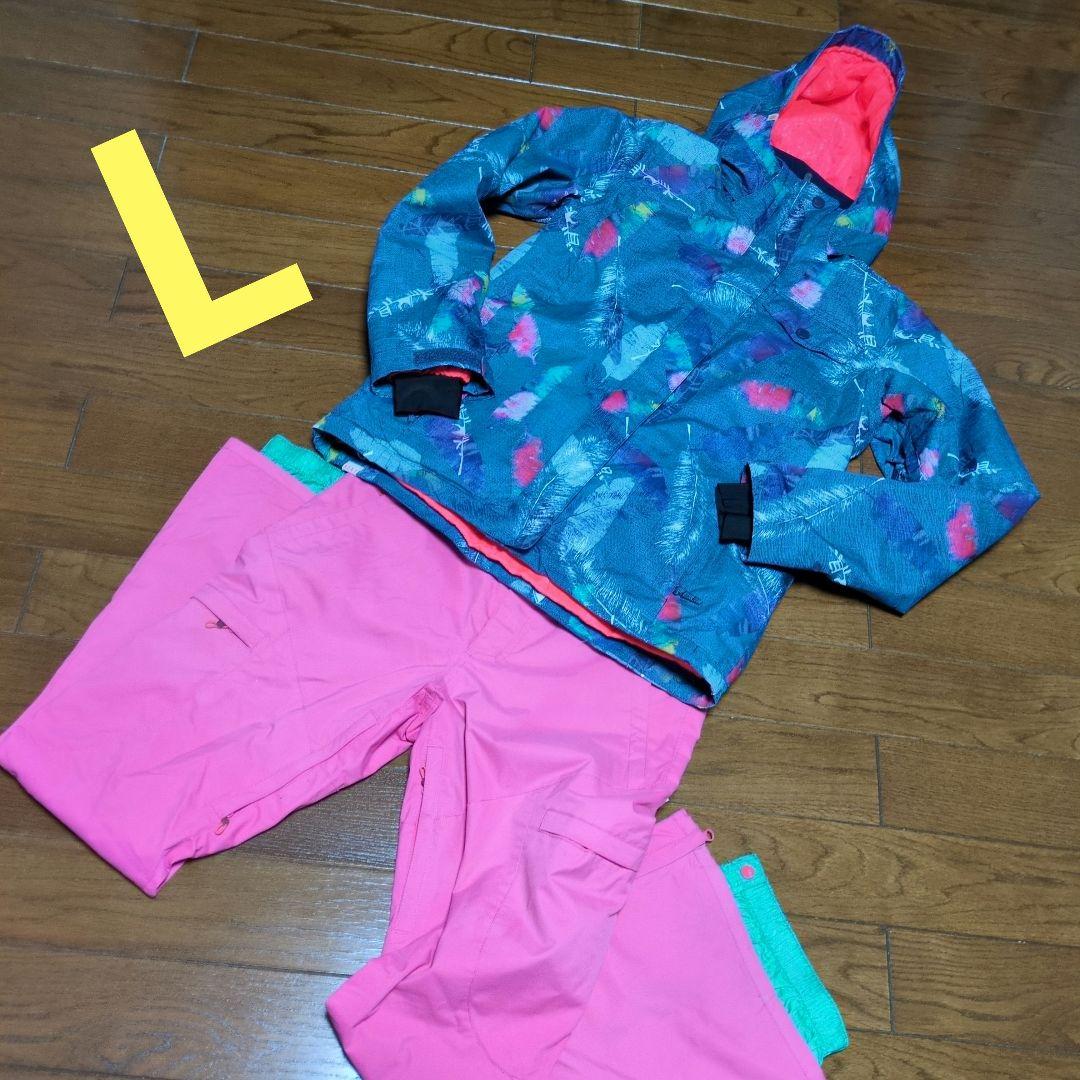 【美品】ROXY　スノボウェア　上下セット　L　総柄　羽根　フェザー　ピンク