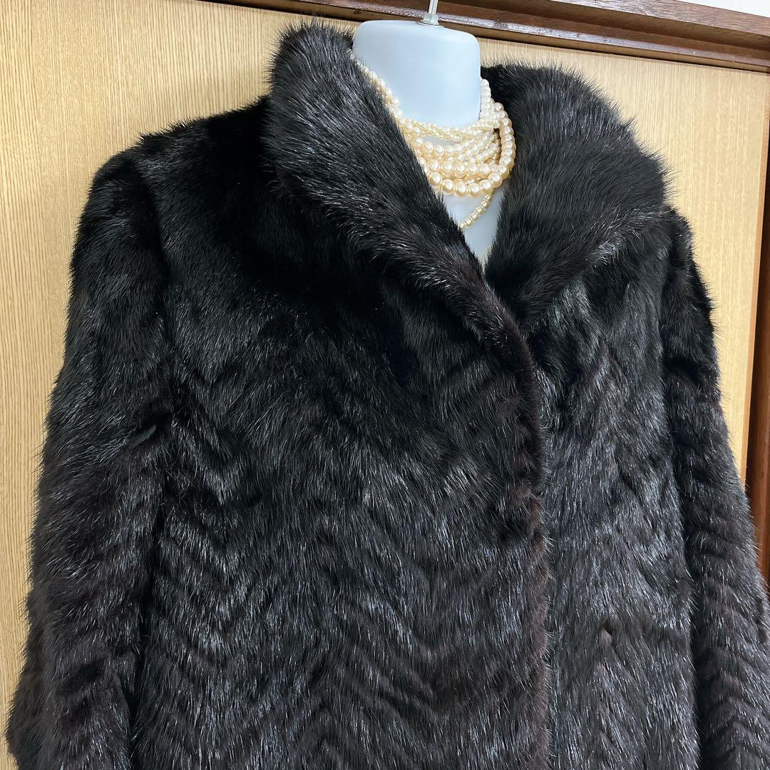 美品★ミンクファーヘリンボーンデザインロングコートマキシ丈 13号