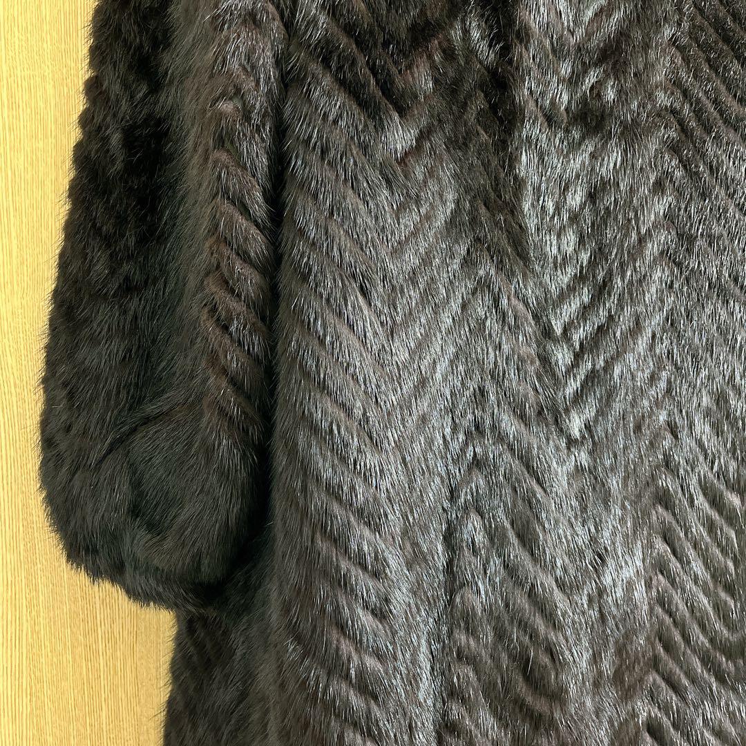 美品★ミンクファーヘリンボーンデザインロングコートマキシ丈 13号