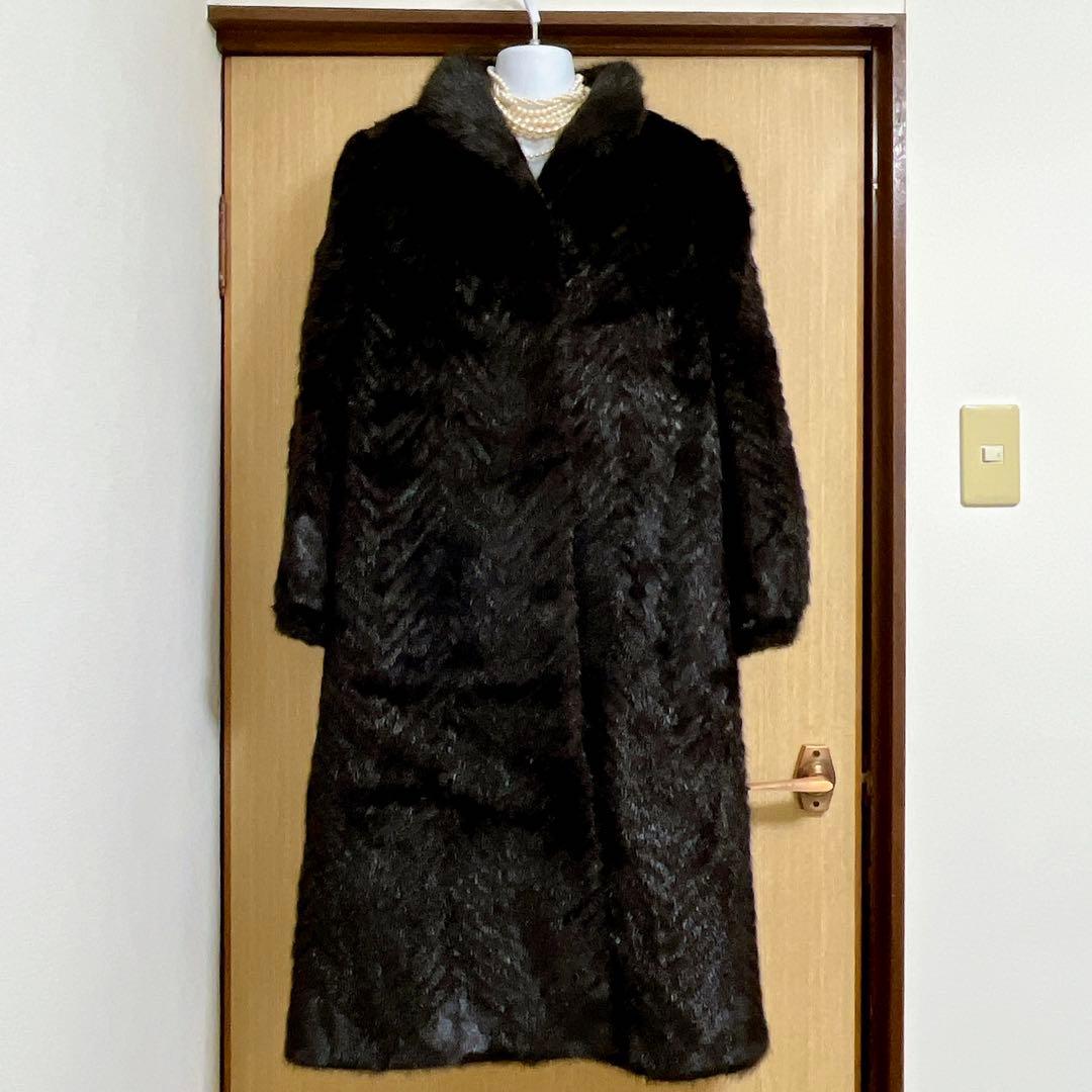 美品★ミンクファーヘリンボーンデザインロングコートマキシ丈 13号