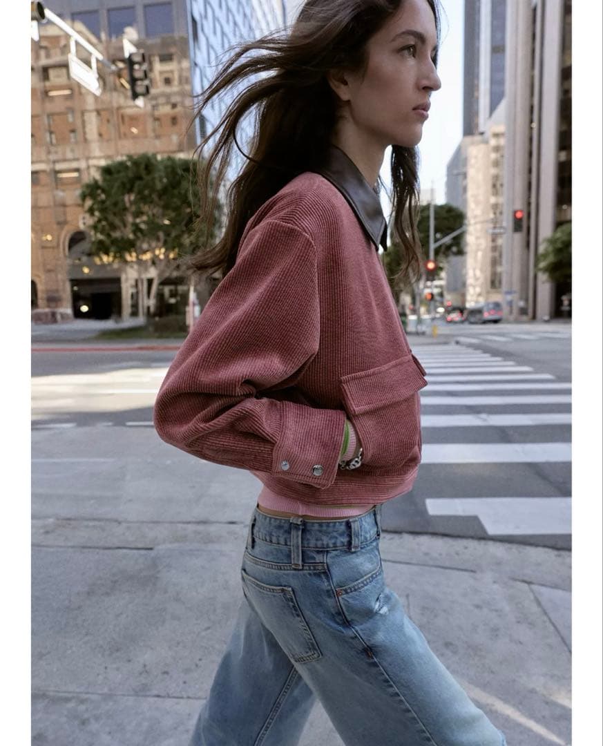 タグ付き新品★ZARAのコーデュロイフェイクレザー襟ジャケット★S★マルサラ色