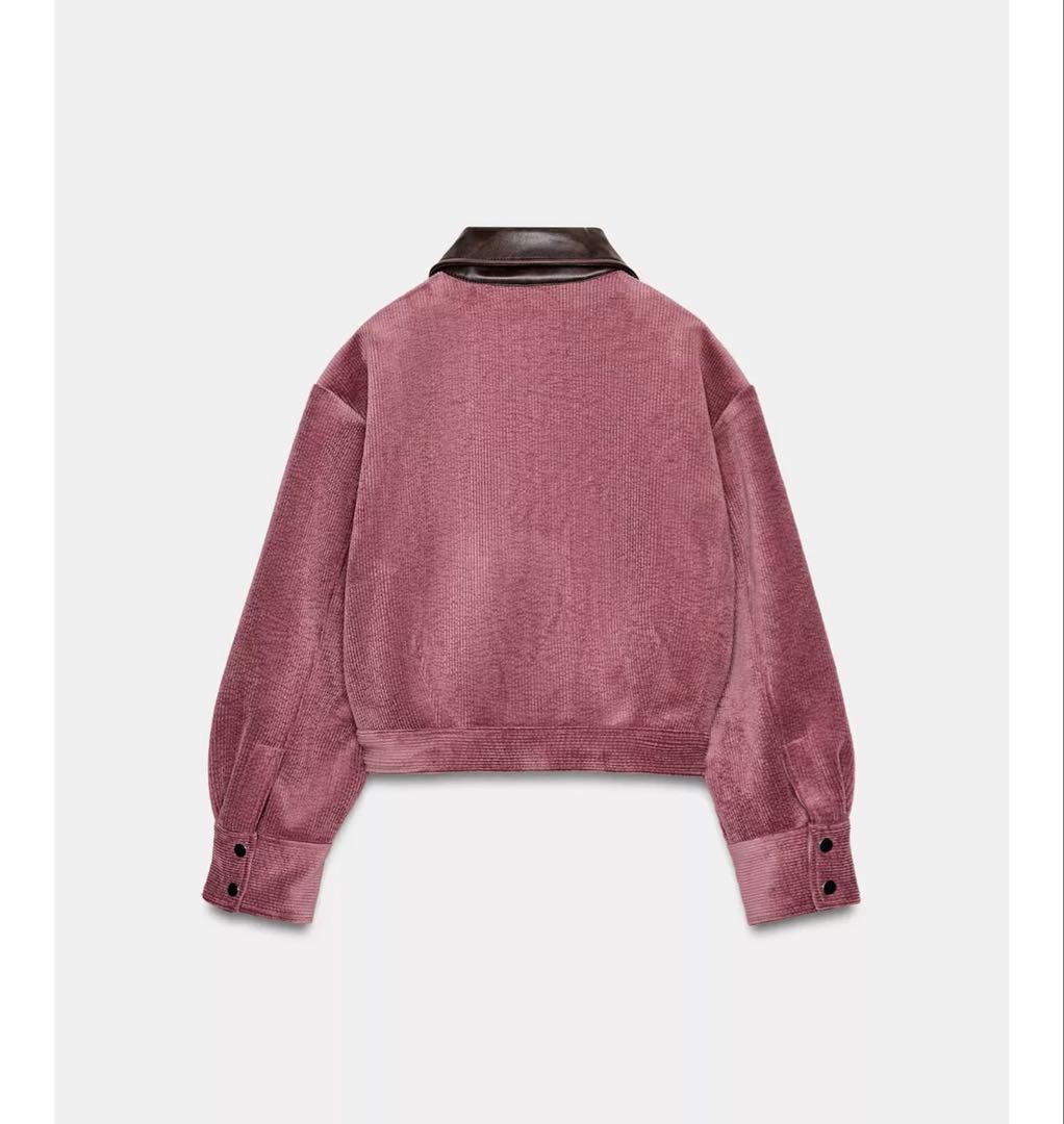 タグ付き新品★ZARAのコーデュロイフェイクレザー襟ジャケット★S★マルサラ色