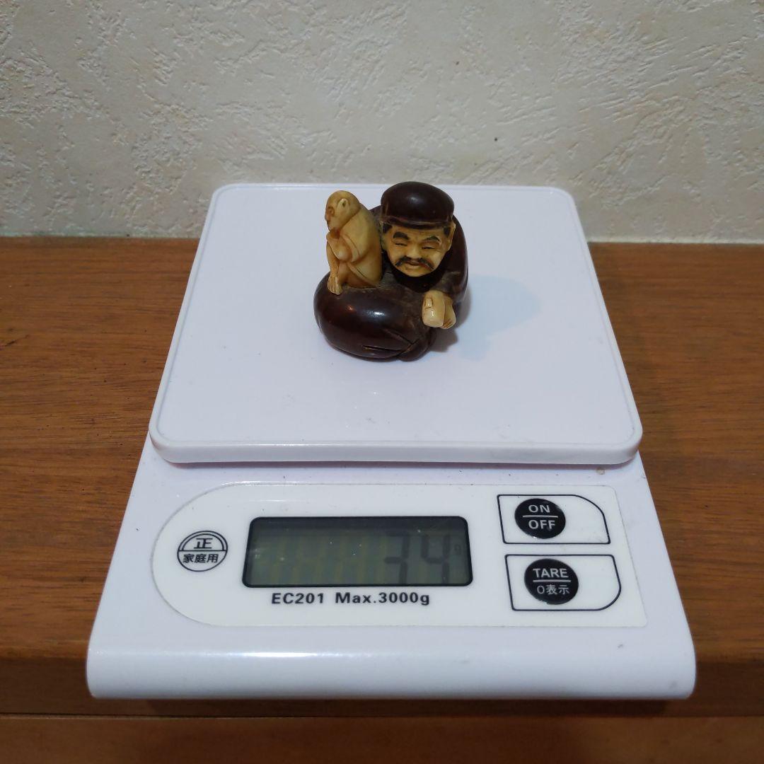 時代提物 縁起物置根付 木彫り×天然素材 【大黒様と猿】高約4.1cm 重34ｇ