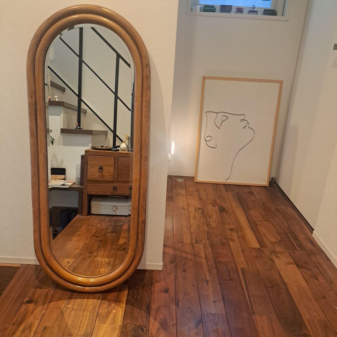 アンティーク　ラタン　オーバル　壁掛けミラー　姿見　ヴィンテージ 99×41