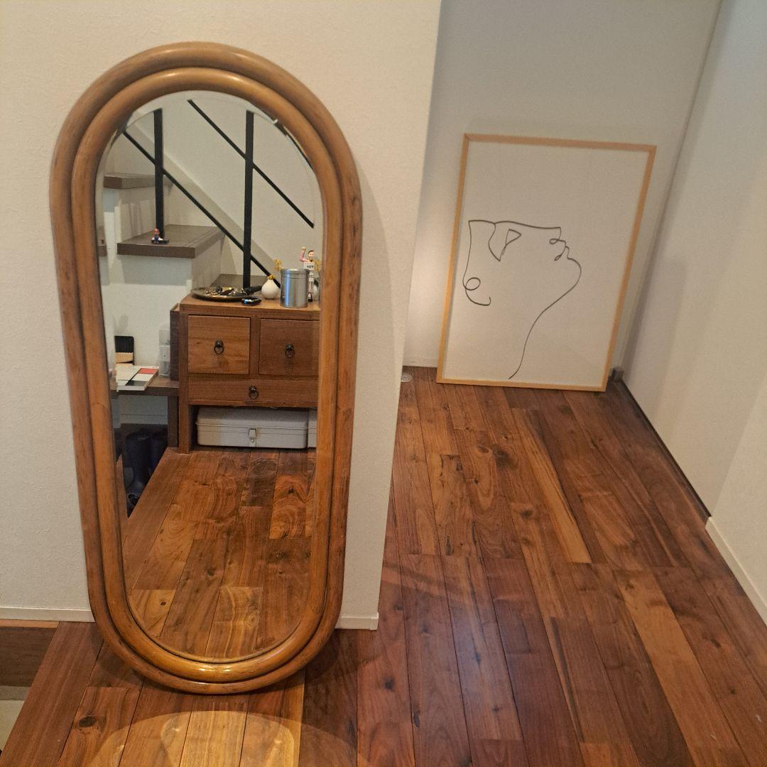 アンティーク　ラタン　オーバル　壁掛けミラー　姿見　ヴィンテージ 99×41