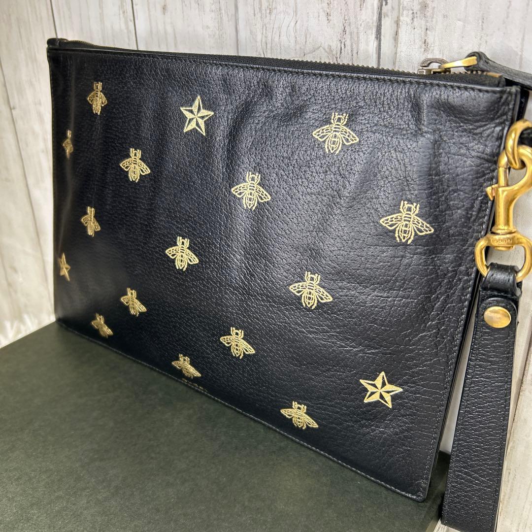 GUCCI セカンドバッグ　クラッチバッグ　ビー　ハチ　ロゴ　レザー　ブラック