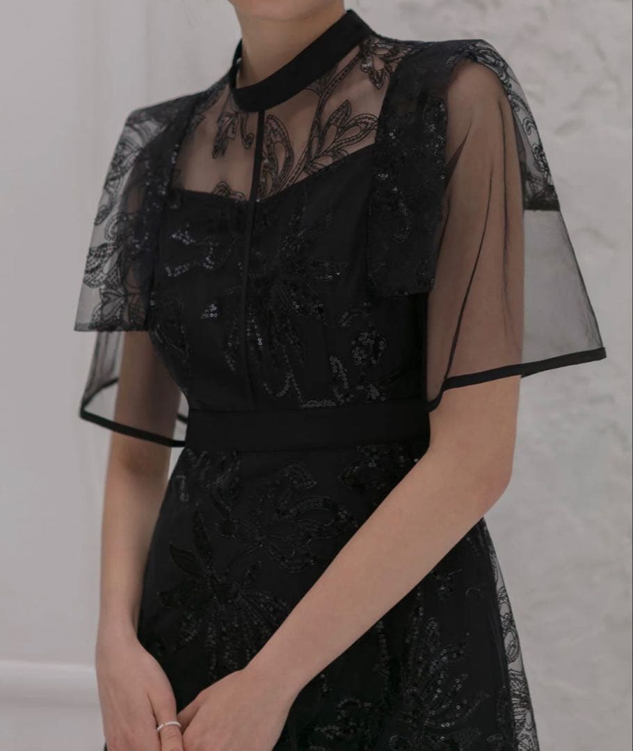 フラップデザインフラワースパンコールAラインワンピースドレス