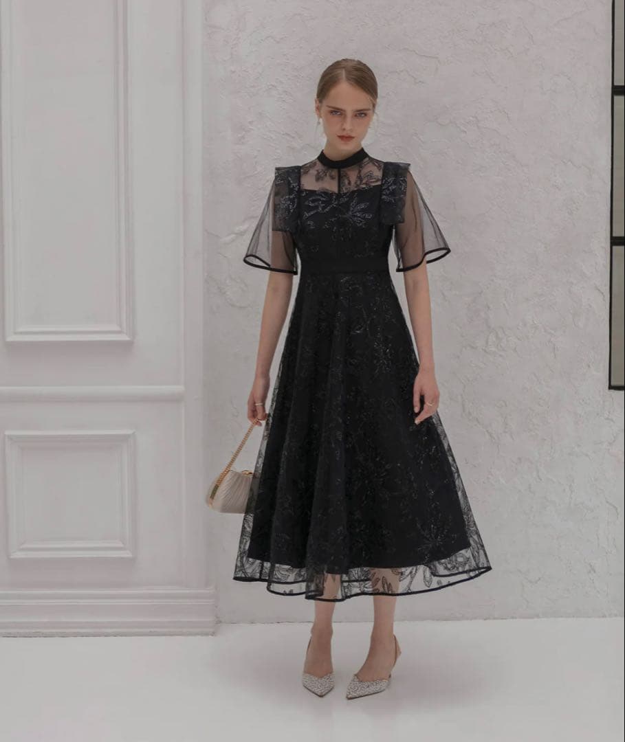 フラップデザインフラワースパンコールAラインワンピースドレス