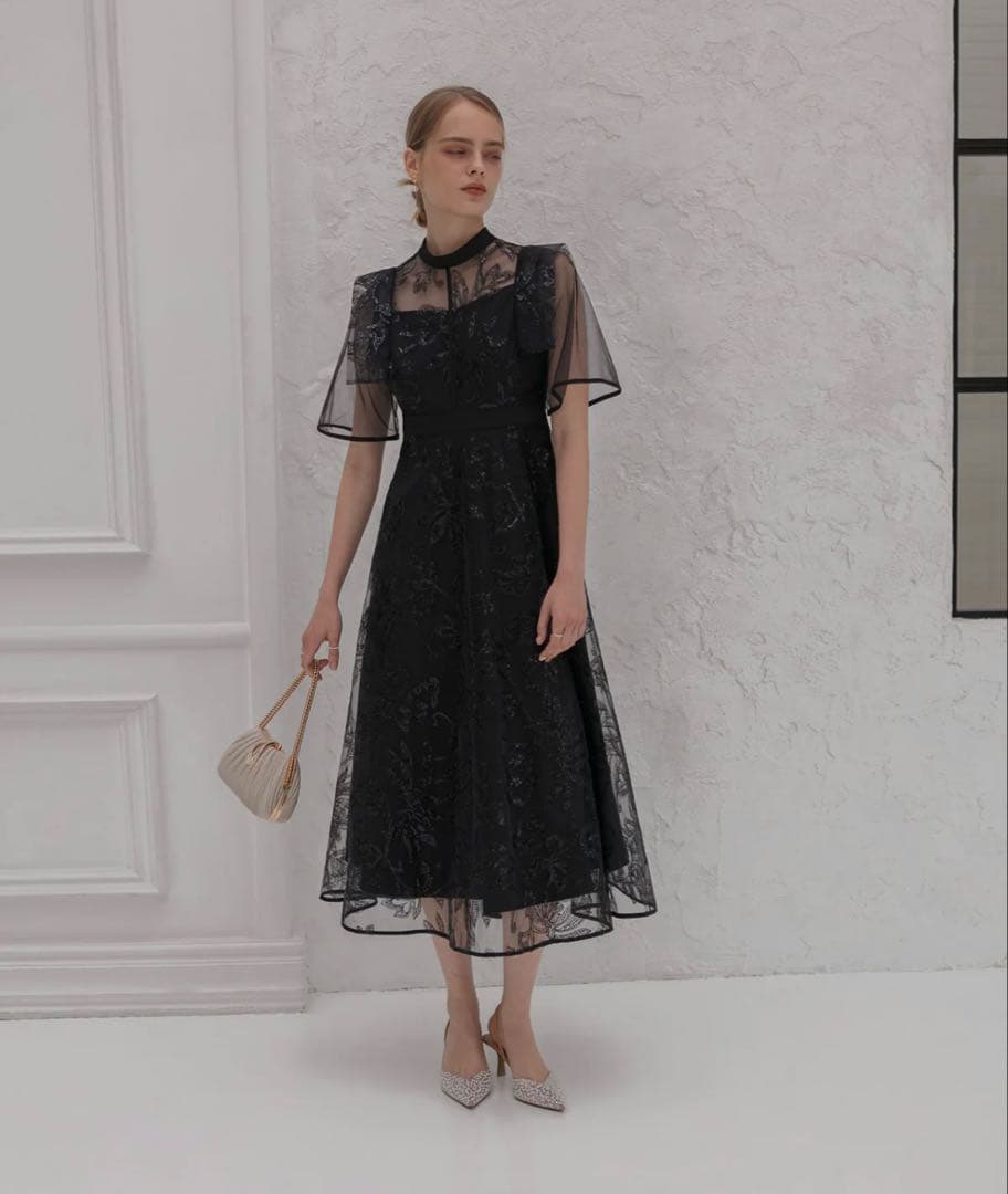 フラップデザインフラワースパンコールAラインワンピースドレス