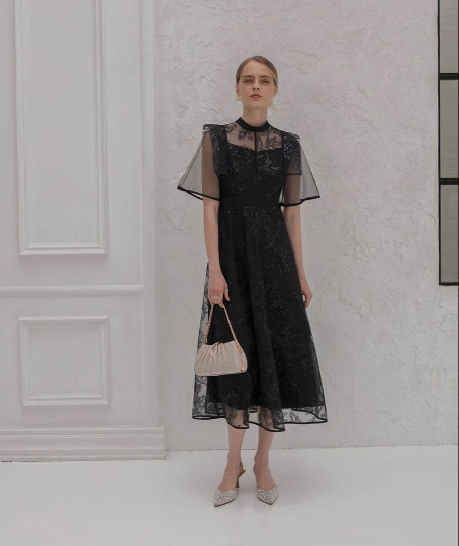 フラップデザインフラワースパンコールAラインワンピースドレス