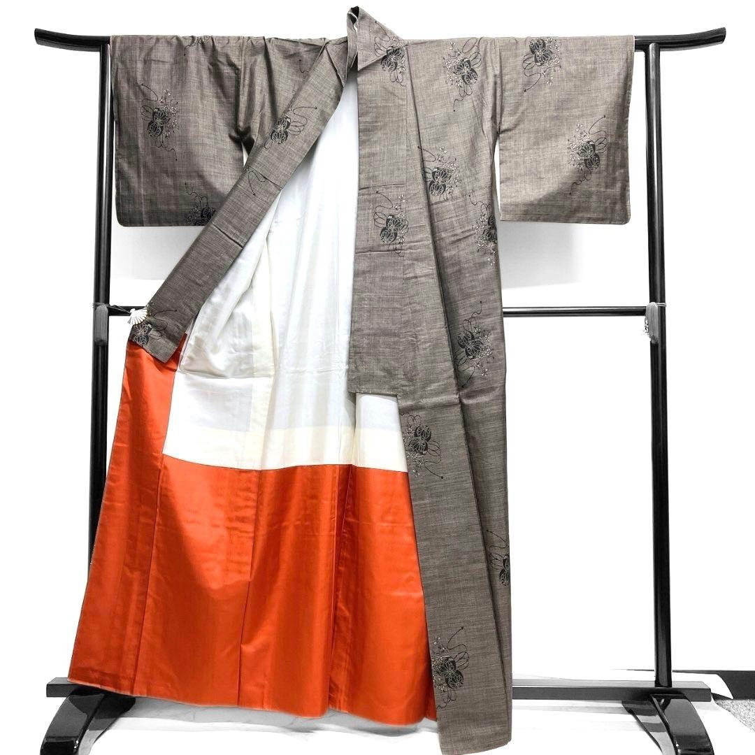 大島紬　小紋　泥染　鞠　水引　花模様　着物　015b p