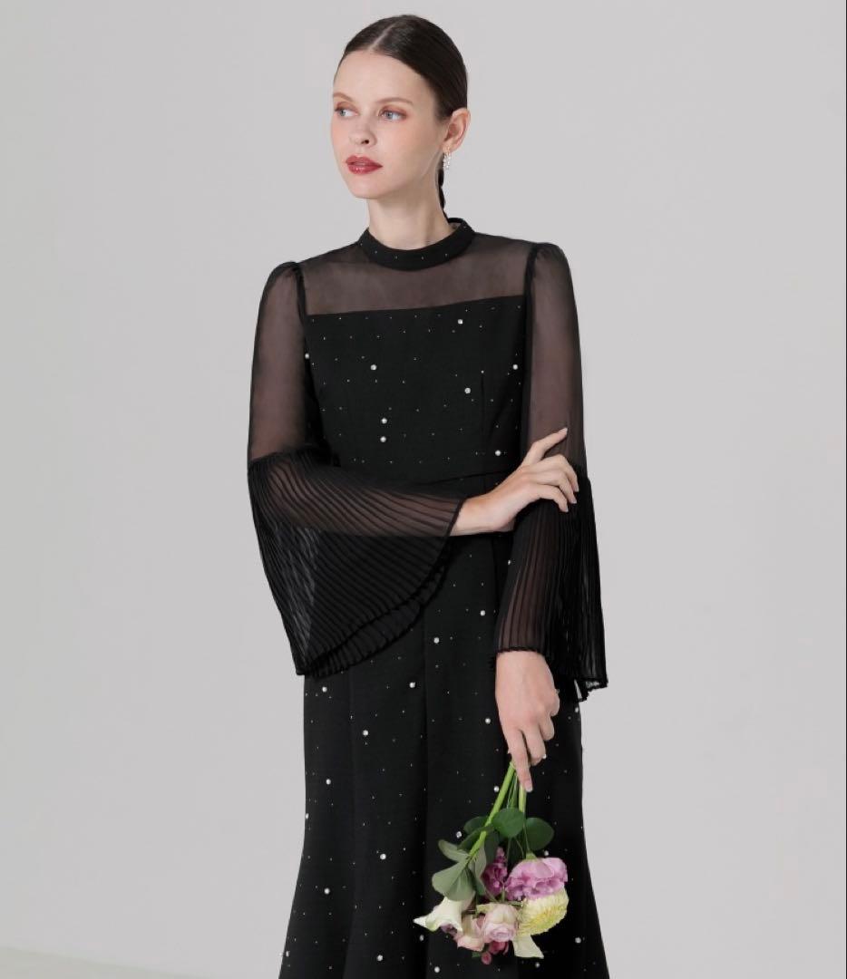 【LEJA】パールビジュー付き透け感プリーツフレアスリーブビーズマーメイドドレス