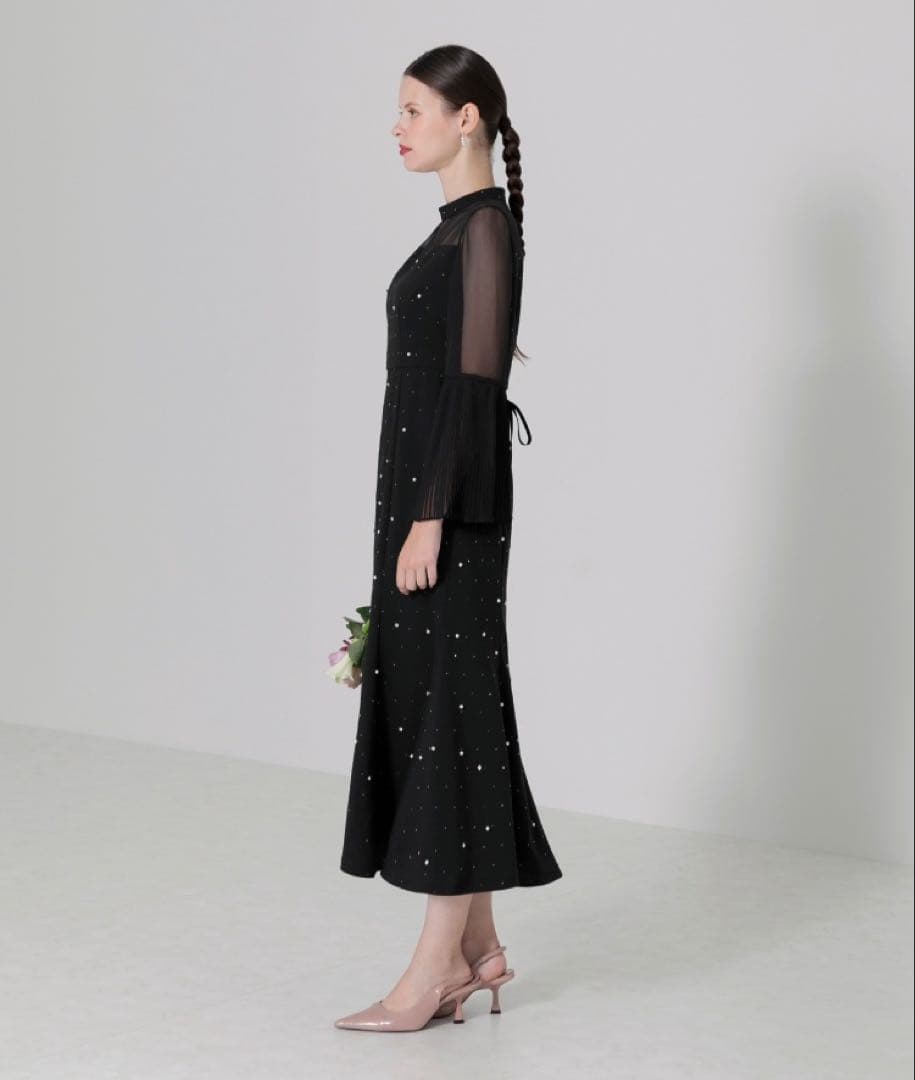 【LEJA】パールビジュー付き透け感プリーツフレアスリーブビーズマーメイドドレス