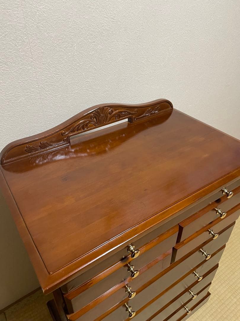 欧米風家具　木製ブラウンチェスト キャビネット　9引き出し スライド棚付き