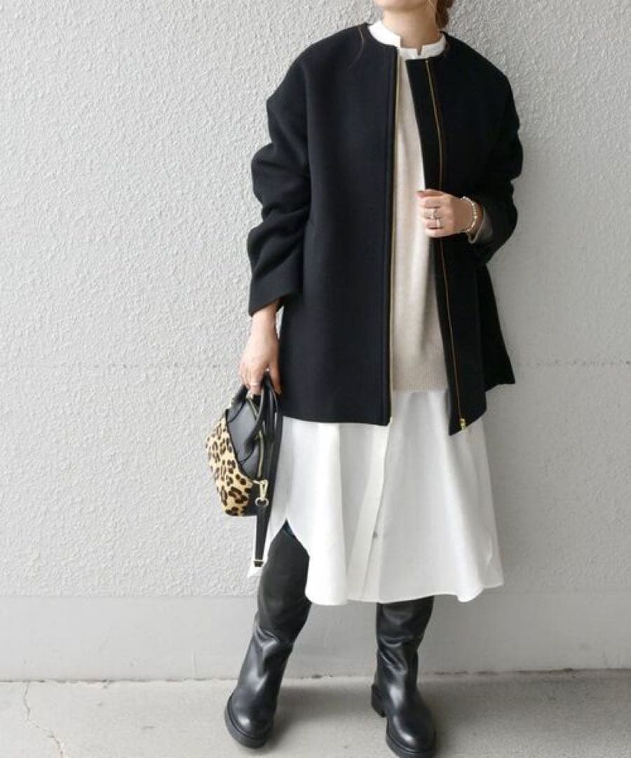 SHIPS ノンミュールジングウール ノーカラー ミディ ジップ コート　黒