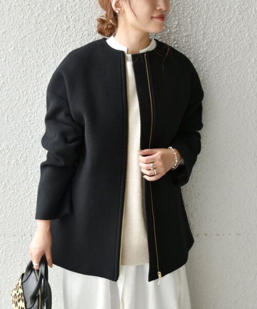 SHIPS ノンミュールジングウール ノーカラー ミディ ジップ コート　黒