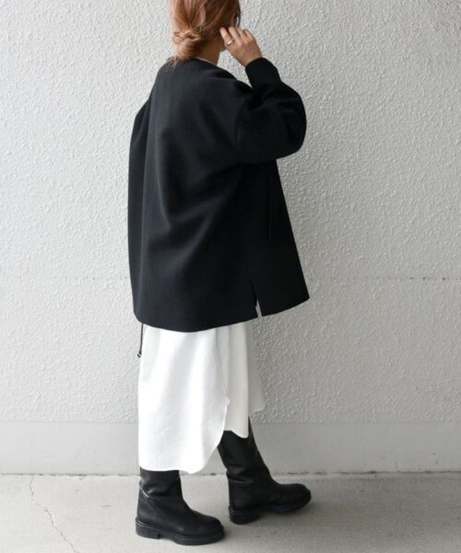 SHIPS ノンミュールジングウール ノーカラー ミディ ジップ コート　黒