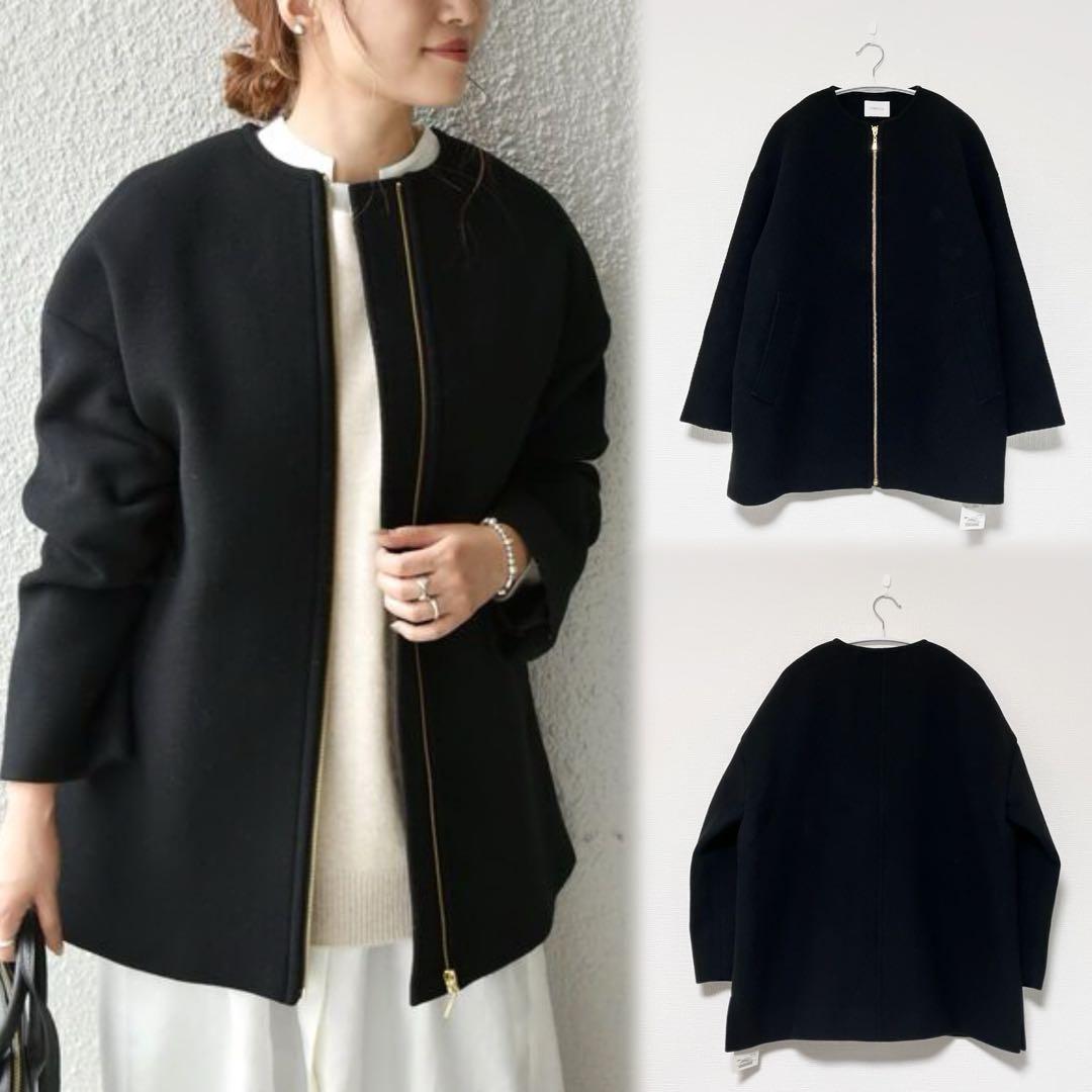 SHIPS ノンミュールジングウール ノーカラー ミディ ジップ コート　黒