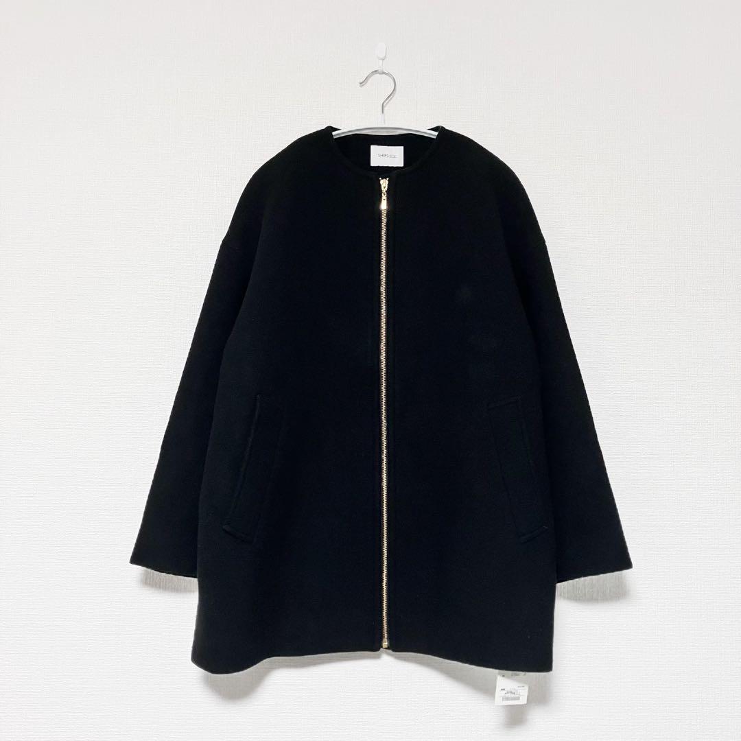 SHIPS ノンミュールジングウール ノーカラー ミディ ジップ コート　黒