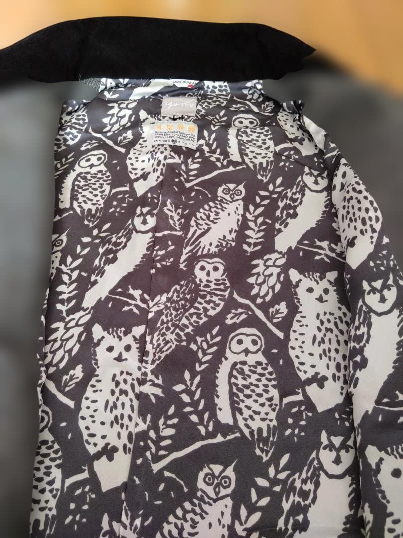 SOUSOU 尾州ツイード綾織 スタンドカラーショートコート鈍色 フクロウ柄