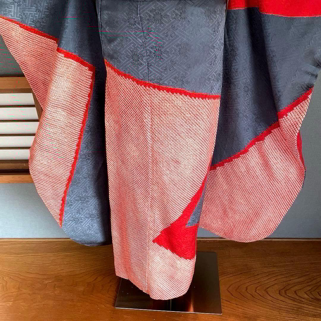 振袖フルセット　手染め　絞り　染分け　成人式振袖　振袖　裄丈69 赤