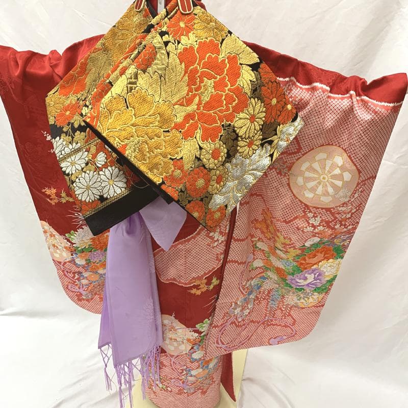 507ag53□七五三 七歳 女児 着物&袋帯 鹿の子 源氏車 花□美品