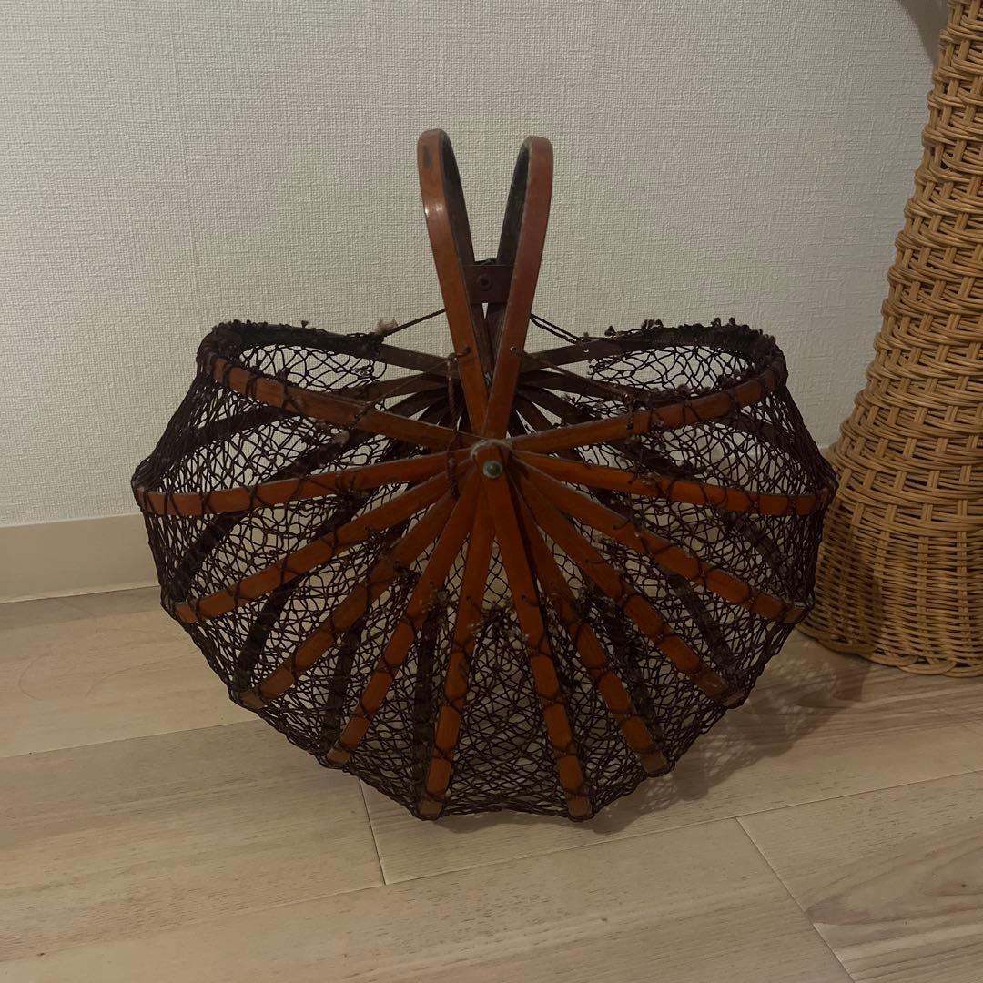 希少 vintage antiques 竹籠バック 竹網　折り畳みかごバッグ