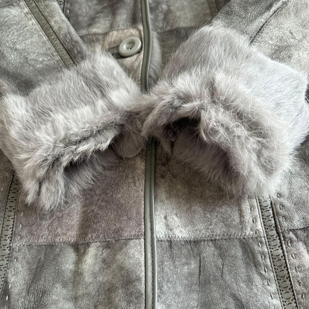 サンローズ　ラビットムートン×ブルーフォックスロングファーコート　毛皮L