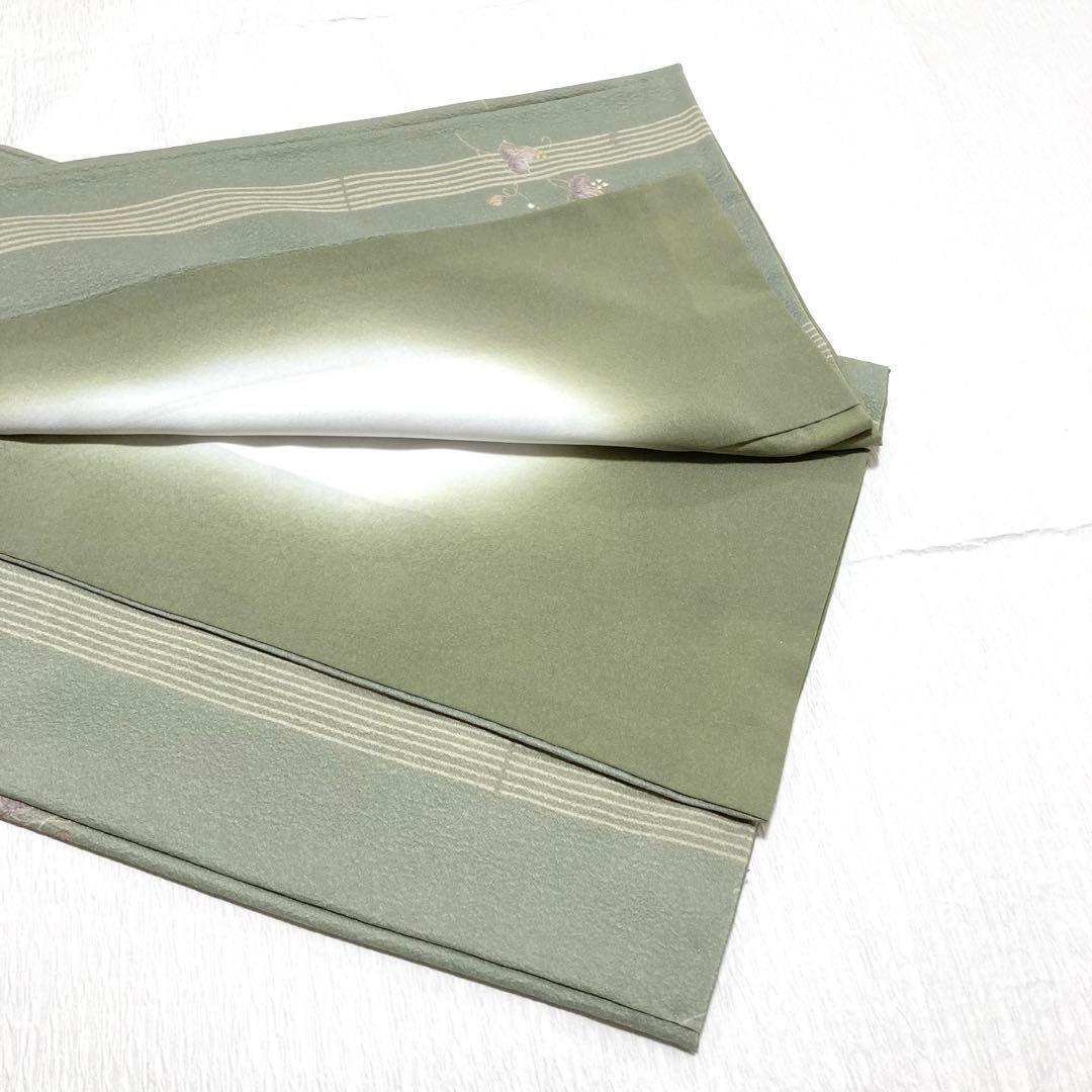 【美品✨】東レシルック　洗える着物　小紋　裏柳色　蔦と実　縦縞　手縫い仕立てP1