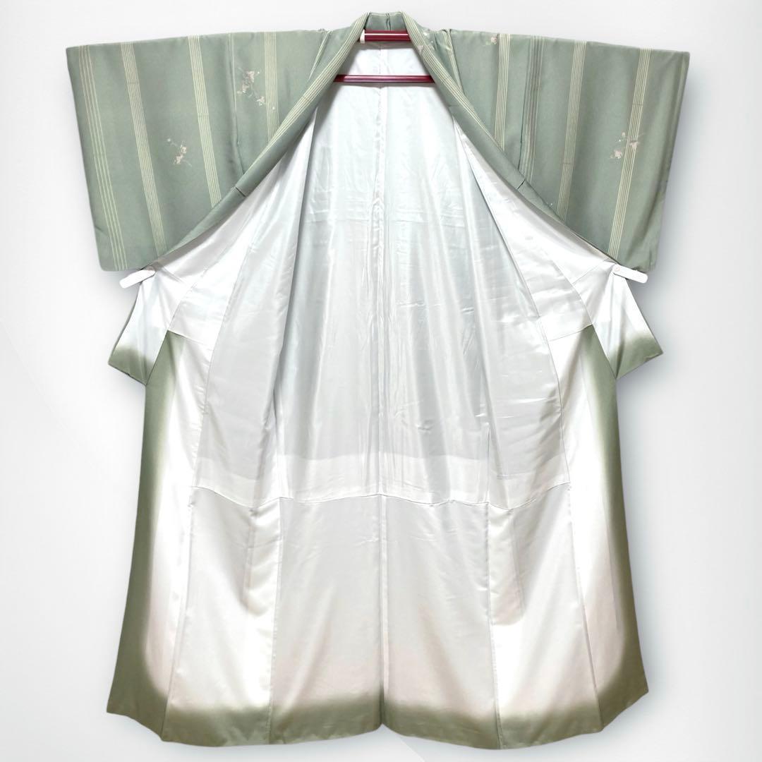【美品✨】東レシルック　洗える着物　小紋　裏柳色　蔦と実　縦縞　手縫い仕立てP1