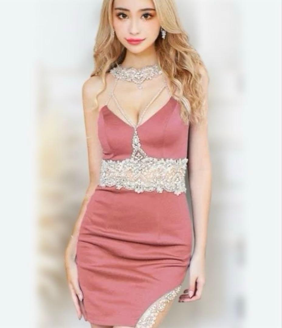 エンジェルアール　ビジュー　ホルターネック　ピンク　キャバドレス　タイト　ミニ