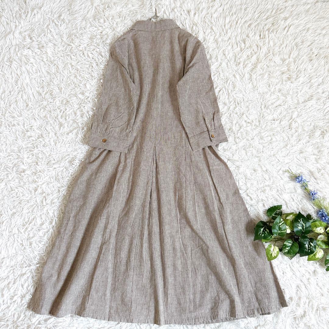 美品⁂センソユニコ⁂ロングシャツワンピース　ストライプ　リネン混　羽織　前開　L