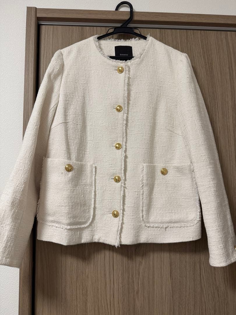 anuans ツイードノーカラージャケット ホワイト