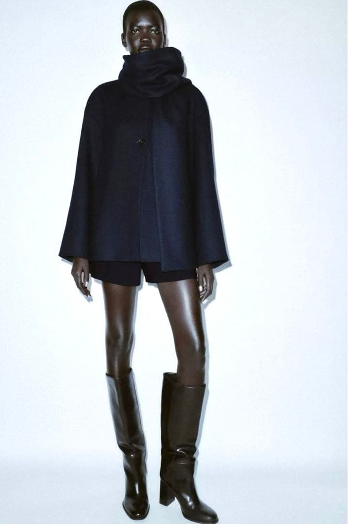 【ZARA】ザラ S ウールショートスカーフコート ネイビー