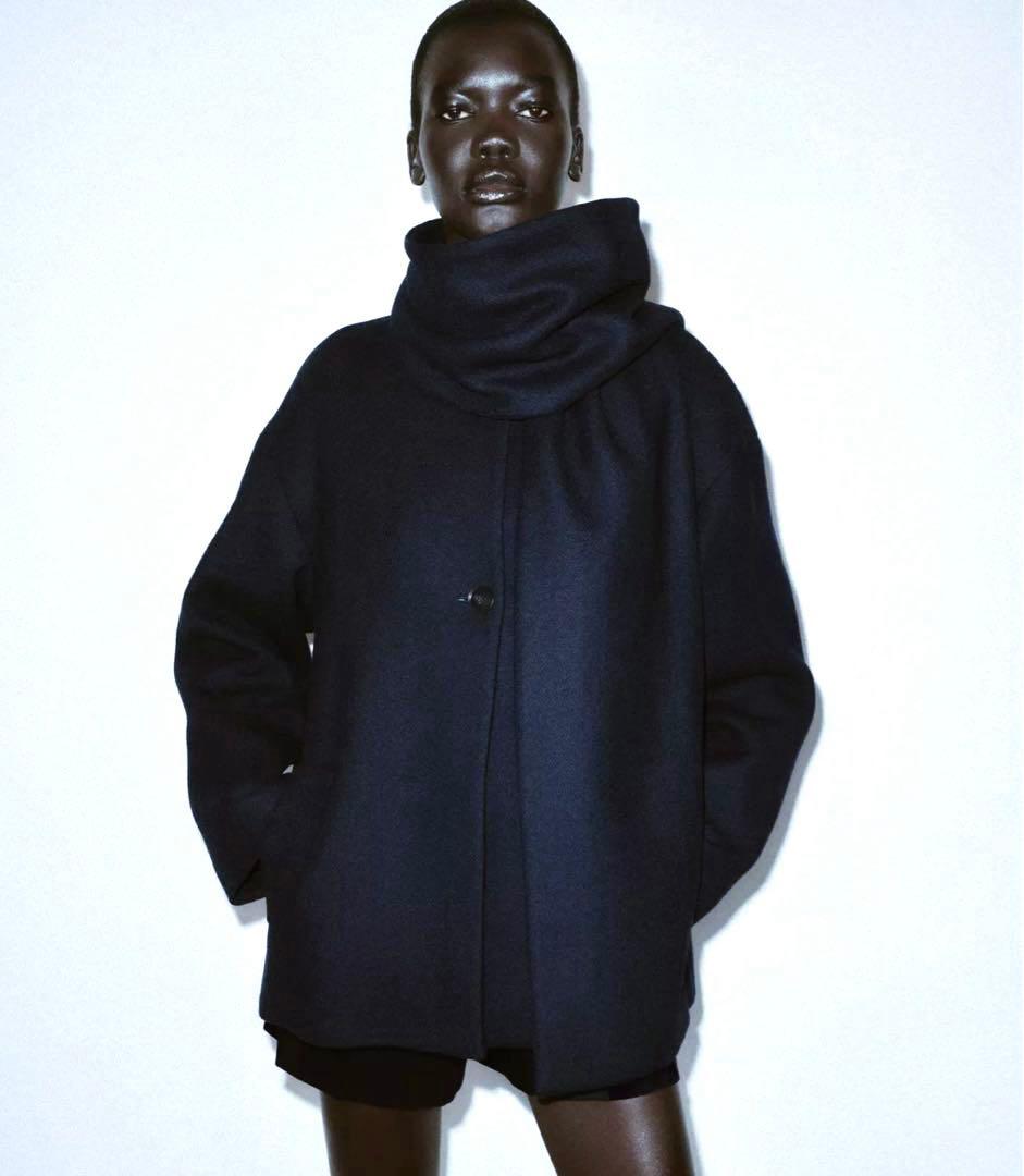 【ZARA】ザラ S ウールショートスカーフコート ネイビー