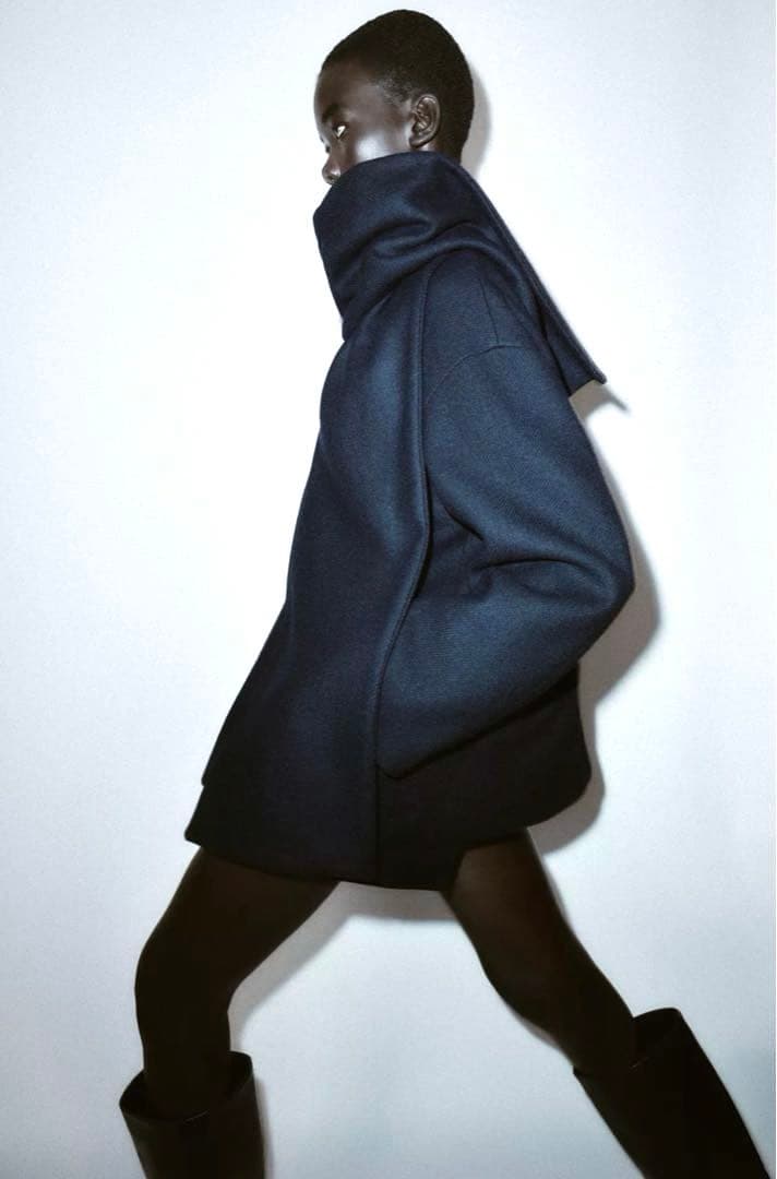 【ZARA】ザラ S ウールショートスカーフコート ネイビー