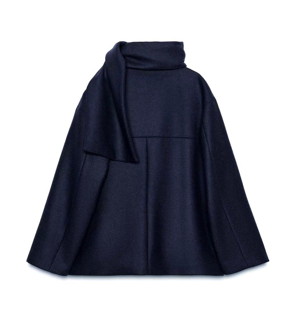 【ZARA】ザラ S ウールショートスカーフコート ネイビー